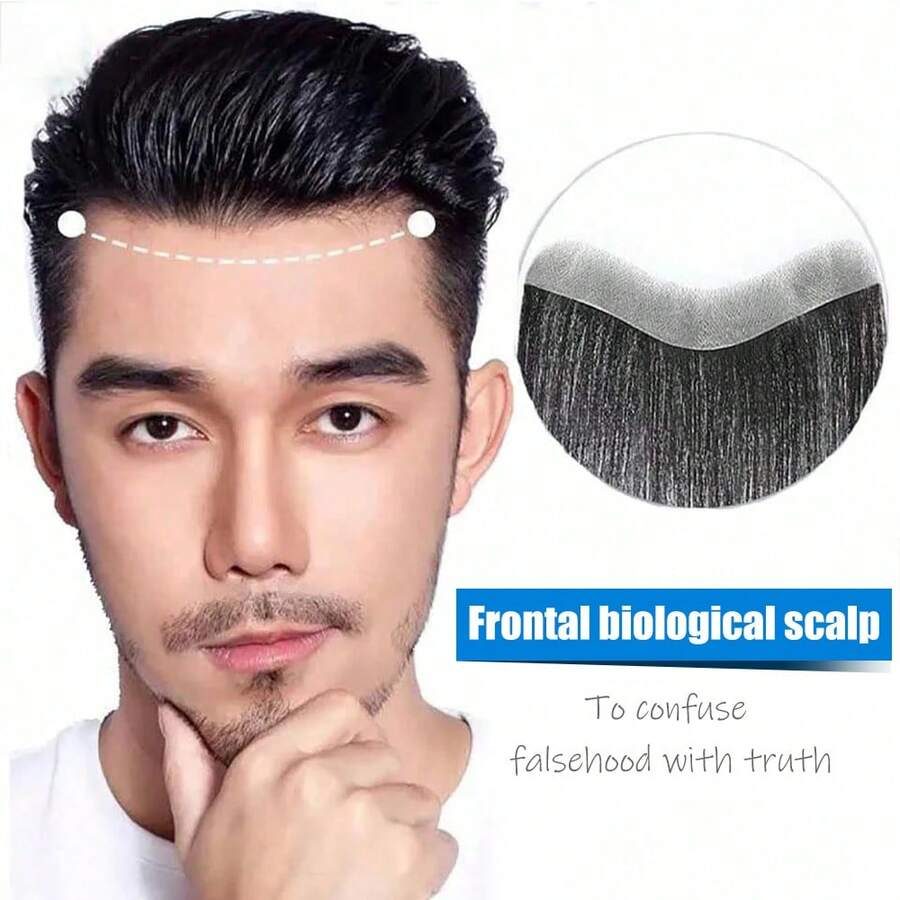 4x18cm Toupee Feito à Mão de Crochê para Homens - Cabelo Liso Natural de 6 Polegadas, Design de Couro Cabeludo Ultrafino, Estilo Empresarial, Adequado para Todos, Peruca Durável Feita à Mão - Natural Black - Visão 1