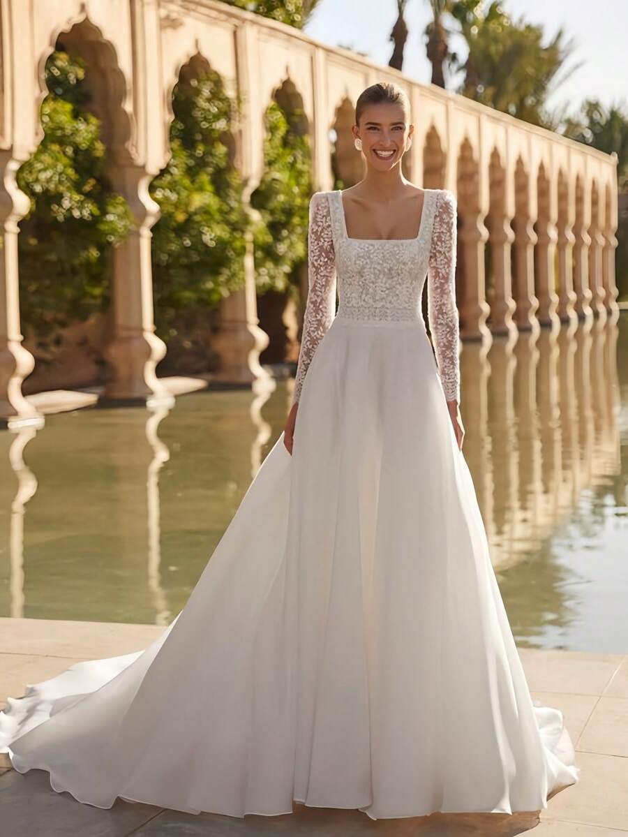 Luxe Wide Strap Square Neck Long Lace Sleeve Satin Ballgown Wedding Dress With Train, Wedding Dresses For Bride, Elegant And Comfortable, Includes Plus Sizes, Bridal Gown, Formal Dresses For Women, Suitable For Wedding, Party, Vacation, Bride, Formal Occasions, Dinner Dress, Prom Dress, After-Party Dress, Homecoming Dress, Cocktail Party, Birthday Party, Celebration, Gala, Festival, Ceremony, White - trắng - Xem 1