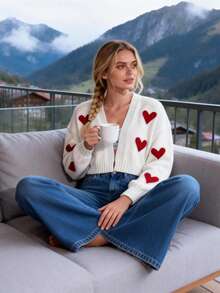 Women Knit Crop Sweater Long Sleeve Love Heart Print V-Neck Open Front Going Out Holiday Crop Cardigan - 白色 - 查看 6