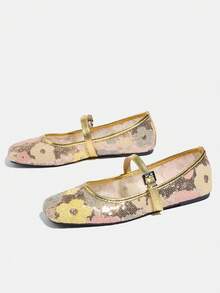 Zapatos Mary Jane planos con lentejuelas y hebilla de oro, de moda y talla grande para mujeres. Diseño floral calado, cómodos para ir al trabajo y de vacaciones. Nuevos para el verano - Dorado - Ver 14