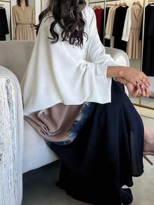 Bata de mujer de manga larga tipo murciélago con abertura delantera, de tela tejida sin estiramiento - Azul Marino - Ver 3