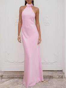 Women Scarf Maxi Dress Silk Halter Neck Tie Up Backless Bodycon Dress Cowl Back Draped Party Wedding Guest Cocktail Dresses With Neck Scarf - 粉色 - 查看 5