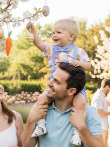 Conjunto de 2 piezas de primavera y verano para bebé niño de Pascua, mono de manga corta con cuello vuelto y pantalones cortos con tirantes con estampado de huevos de conejito, ropa sencilla para festivales de ocio, ideal para 0 a 18 meses - Azul - Ver 3