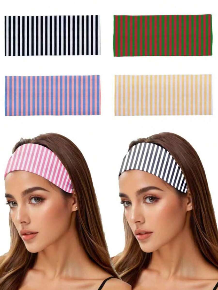 1/4pcs Women Headbands - Elegant Striped Wide Headband, Non-Slip Sports Headband, Elastic Fashion Headscarf, Sweat-Absorbent Headband For Fitness Yoga Running. Women Casual Striped Headband, Polyester, Bohemian Style, All Season Women Hair Accessories Elegant Hair Band - Multicolor - View 1