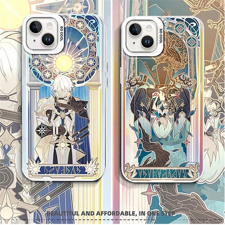 Anime RPG Character Ornate Tarot Card Phone Case For 14/15/16 - Shockproof Cover, Celestial Intricate Art Graphic Design - Plateado - Ver 1