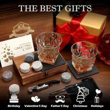 Whiskey Stones Gift Set - Whiskey Glass Set Of 2 - Granite Chilling Whiskey Rocks - Scotch Bourbon Box Set -Father's Day Birthday Gifts For Men Drinking Gift For Dad Him Husband Party Holiday Present LQ02W - Kính đính kim cương + Đá tròn - Xem 4