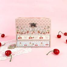 1pc Rectangular Cherry Shaped Dual Drawer Music Box, Made Of Paper Material With Cute Cherry Elements, Designed For Girls, Large Capacity Storage For Trinkets, Toys, Jewelry, Includes Rotating Princess And Mirror, Bedroom/Living Room Decor, Suitable For Birthday, Wedding, Daily Gifts, Party, Holiday - Multicolor - View 2