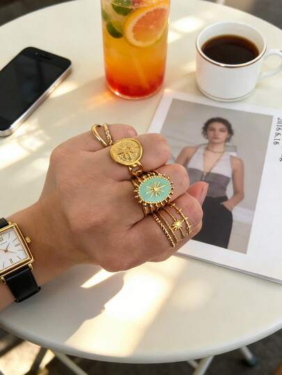 4pcs Luxury Elegant Vintage 18K Gold Plated Stainless Steel Geometric Round Bead Line Rings Set, Suitable For Women Daily, Festival, Dinner, Couple Date, Holiday Wear, Versatile Ring Set