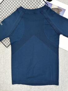 1件装 女士健身速干长袖T恤 圆领修身运动服 舒适透气瑜伽衫 - 藏蓝色 - 查看 4