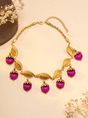 Collar de mujer con gemas de cristal de estilo palaciego vintage en morado y amarillo, collar gargantilla de lujo con hoja dorada y borla, accesorio para vestido formal