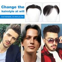 4x18cm Toupee Feito à Mão de Crochê para Homens - Cabelo Liso Natural de 6 Polegadas, Design de Couro Cabeludo Ultrafino, Estilo Empresarial, Adequado para Todos, Peruca Durável Feita à Mão - Natural Black - Visão 5
