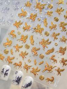 1pc Hot Stamping Flying Horse Treading Swallow European Vintage Gold Galloping Steed Angel Wing 5D Nail Art Stickers Mythical Elegant Nail Decals Self-Adhesive Manicure Accents For Women Nails - Multicolor - View 1