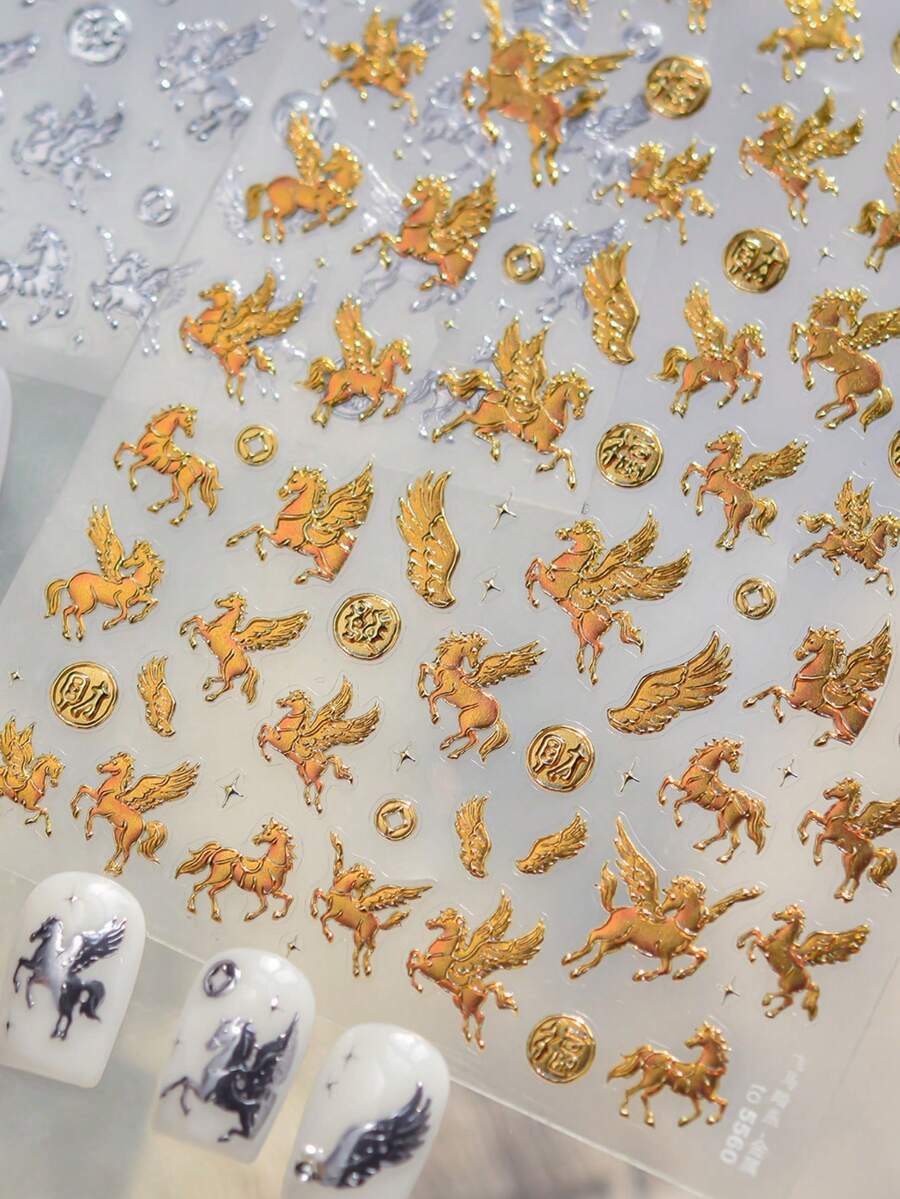 1pc Hot Stamping Flying Horse Treading Swallow European Vintage Gold Galloping Steed Angel Wing 5D Nail Art Stickers Mythical Elegant Nail Decals Self-Adhesive Manicure Accents For Women Nails - Multicolor - View 1