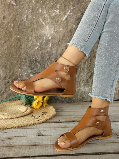 Sandal nữ đế bằng chống trượt, kiểu dáng thường ngày, thời trang mùa hè, có khóa kéo phía sau và khóa kim loại, thích hợp cho cả đi hàng ngày và hoạt động ngoài trời.