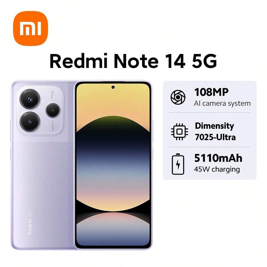 小米 Redmi Note 14 5G 全球版智能手机，支持 NFC、108MP AI 摄像头系统（带 OIS 光学防抖）、45W 超级快充、5110mAh 电池、联发科天玑 7025 Ultra 处理器、康宁第五代大猩猩玻璃、120Hz 刷新率 6.67 英寸 AMOLED 爱眼显示屏、IP64 防尘防水、最高支持 1TB 存储扩展、屏下指纹识别、AI 人脸解锁、3.5mm 耳机孔，搭载小米 HyperOS 系统。 - 紫色 - 查看 1