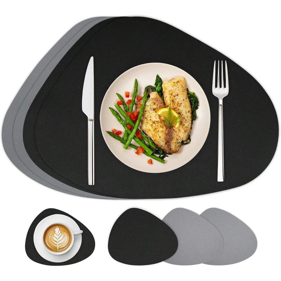 4PCS/8PCS Placemats And Coasters Heat Resistant Table Mats Leather Grey Beige Non Slip Waterproof Wipeable Placemat Dual-Sided For Kitchen Dinning Table Decor - Black Grey - View 1