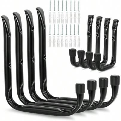 8-Pack Heavy Duty Garage Hooks For Hanging 50 Lbs, 8" & 3.5" J Utility Hooks For Garage, Large Metal,Heavy Duty, Black