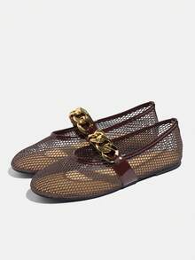 大码女士棕色平底芭蕾舞鞋，透气网眼亮片链条装饰玛丽珍鞋，时尚镂空网眼套脚乐福鞋，适合户外行走，春夏款 - 棕色 - 查看 7