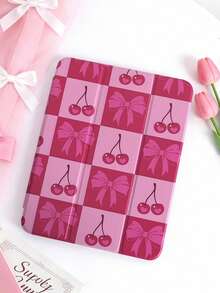 1pc Plaid Cherry Bow Painted Tablet Case, Suitable For IPad 10th/11th/10.2/10.5/Air4/Air5/10.9/Pro11/Air 11-In.(M2)-2024/Pro 11-In.(M4)-2024/IPad Air 11-Inch (M3) 2025/IPad (A16) 11 Inch 11th Generation 2025 Mini6/Mini7/Air1/Air2/9.7, Tab A8 10.5 Inch 2022, Simple/Creative/Unique/Cute/Niche Design, Built-In Pencil Slot, Tri-Fold Stand, Magnetic Sleep/Wake - Multicolor - View 1