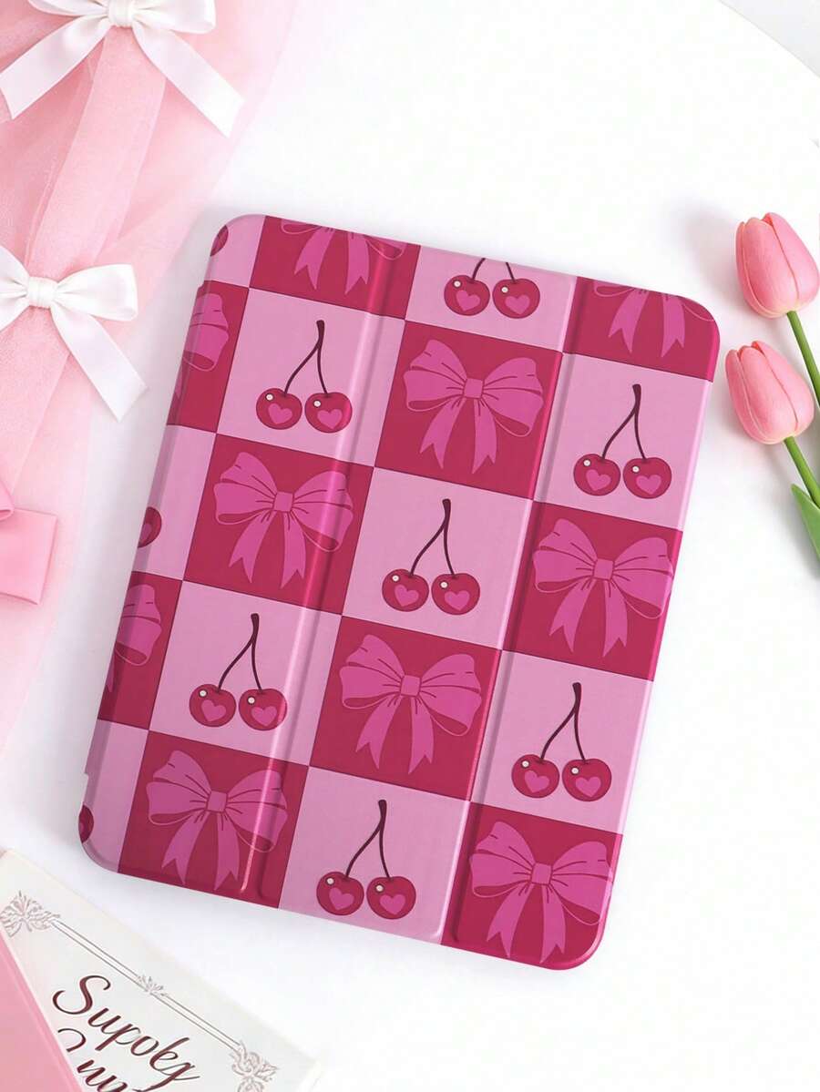1pc Plaid Cherry Bow Painted Tablet Case, Suitable For IPad 10th/11th/10.2/10.5/Air4/Air5/10.9/Pro11/Air 11-In.(M2)-2024/Pro 11-In.(M4)-2024/IPad Air 11-Inch (M3) 2025/IPad (A16) 11 Inch 11th Generation 2025 Mini6/Mini7/Air1/Air2/9.7, Tab A8 10.5 Inch 2022, Simple/Creative/Unique/Cute/Niche Design, Built-In Pencil Slot, Tri-Fold Stand, Magnetic Sleep/Wake - Multicolor - View 1