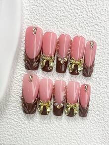 10Pcs Rich Heiress Polygel Nail Set, Acrylic Press On Nails, Golden Bow, Sparkling Asymmetric Round Diamond Embellishment, Brown Nail Polish, Includes Nail Tools, 3 Sizes Available, Almond Nails, Duck Nails, Coffin Nails For Party, Dance, Daily Wear. - 彩色 - 查看 16