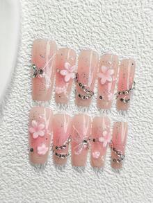 10件套甜美少女美甲套装，亚克力按压式美甲贴纸，DIY粉色不对称五瓣花美甲装饰，闪亮银色水钻链设计，白色蝴蝶翅膀轮廓美甲水晶，浅粉色闪粉设计，粉色指甲油，包含美甲工具 - 彩色 - 查看 14