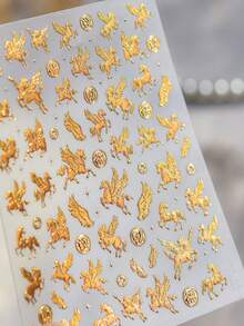 1pc Hot Stamping Flying Horse Treading Swallow European Vintage Gold Galloping Steed Angel Wing 5D Nail Art Stickers Mythical Elegant Nail Decals Self-Adhesive Manicure Accents For Women Nails - Multicolor - View 5
