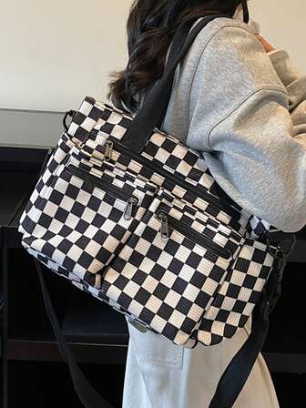 1 pieza Bolso de mano de mujer de estilo de tablero de ajedrez de material de pana, bolso organizador de gran capacidad con múltiples bolsillos y correa de hombro ajustable y desmontable, adecuado para uso casual, compras, viajes, trabajo, escuela, fiestas, regalo