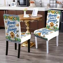 1/4/5/6/7/36pcs Spring & Summer Series Faux Distressed White Wood Grain Board, Paired With Blue & White Plaid Trim, Sunflower, Butterfly & Bird House Print Chair Cover/Seat Cushion Set, Suitable For Indoor Home, Dining Room, Hotel, Ideal For Modern Daily Decor. Tablecloth Fits Square Dining Table, Elastic Chair Cover Is Washable. - Multicolor - View 7