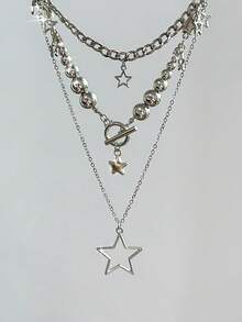 3pcs/Set Star Multilayer Necklace, Fashionable Metal Choker Necklace Accessories For Teenagers - Silver - View 3