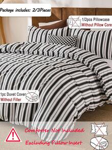 2件/3件套纯棉黑白粗细条纹印花被套套装（1个被套+1/2个枕套，柔软亲肤，适合卧室、主卧、客房，四季皆宜） - 彩色 - 查看 3