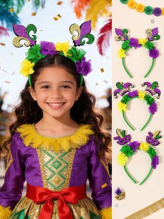 3pcs Brazilian Carnival Glitter Headbands For Girls Glitter Fleur-De-Lis/Mask Hairbands Sparkly Purple Green Yellow Headwear Parade Hauir Hoops Delicate Carnival Headdress Teens Hair Accessories