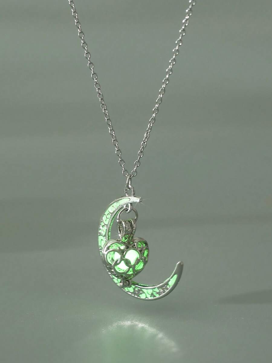 1件月亮和心形夜光吊坠项链，需要充电才能发光（不充电不会发光），适合情人节、万圣节、亡灵节等节日佩戴。 - 銀色 - 查看 1