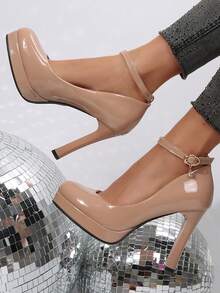 Women's Platform Mary Jane Closed Round Toe Ankle Strap Pumps Stiletto High Heels Dress Shoes - 米色 - 查看 6
