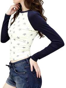 Camiseta de manga larga para mujer, corte entallado, elegante, con estampado de estrellas y cuello redondo en contraste de colores para otoño/primavera - Blanco - Ver 3