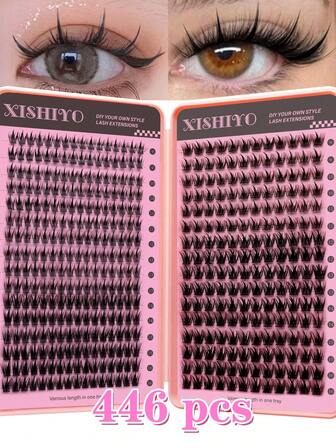 446 racimos de pestañas D-Curl esponjosas, pestañas individuales negras naturales esponjosas y densas, hazlo tú mismo en casa, gruesas y voluminosas, fácil para principiantes, de larga duración y cómodas, adecuadas para fiestas, reuniones, viajes, longitud de 8-16 mm mezclada