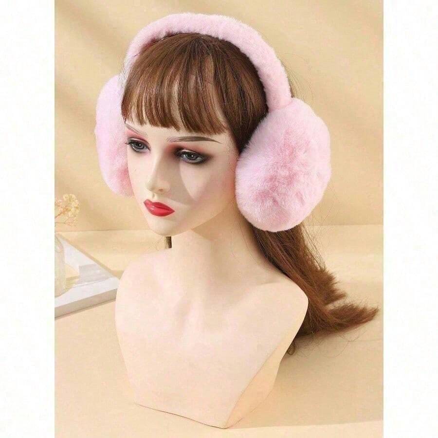 1pc Cute Plush Winter Ear Warmers, Foldable Cold Protection Earmuffs For Women, Suitable For Cycling And Outdoor - 粉色 - 查看 1