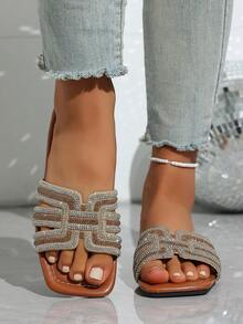 Plus Size Women's Luxury Inspired Chain Cutout Open Toe Minimalist Rhinestone Embellished Slide Sandals - Comfortable Versatile Brown Olive Color Beach Slippers - Brown - View 5
