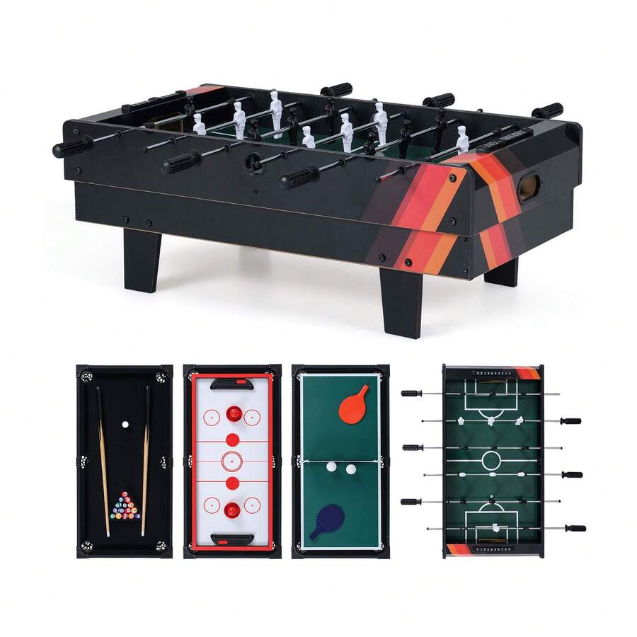 COSTWAY 4 In 1 Multi Game Table, Combination Game Table Set With Accessories, Stackable Tabletops Of Billiards, Air Hockey, Foosball, Table Tennis, For Home Play Room Reception Room, Black/Natural - Black - View 1