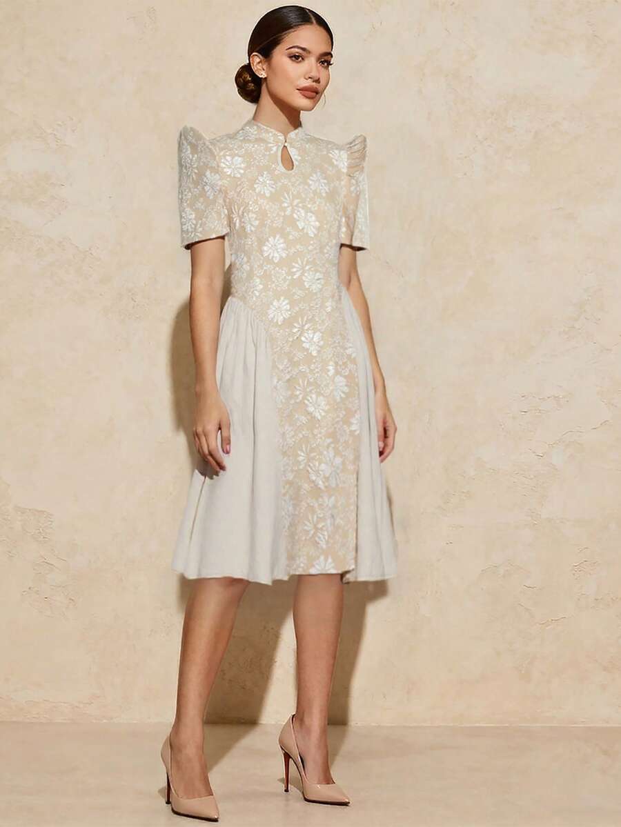 1 chiếc đầm midi tay cánh bướm kiểu Filipiniana, chất liệu jacquard, thanh lịch, cài cúc, thích hợp cho các kỳ nghỉ, tiệc tùng, hẹn hò, mùa xuân/hè. - Rượu sâm banh - Xem 1