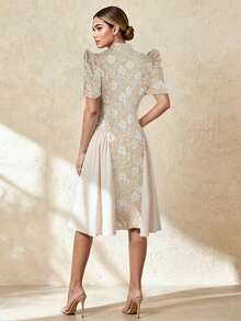 1 chiếc đầm midi tay cánh bướm kiểu Filipiniana, chất liệu jacquard, thanh lịch, cài cúc, thích hợp cho các kỳ nghỉ, tiệc tùng, hẹn hò, mùa xuân/hè. - Rượu sâm banh - Xem 5