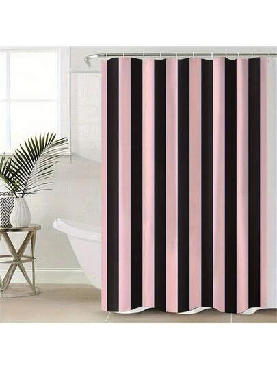 1pc Piece Of Pink And Black Vertical Striped Pattern Summer Bathroom Curtain With Digital Printing, High-End, Elegant And Fashionable Bath Curtain Decoration Pattern, No Need For Drilling, Ultra-Wide Circular Partition Bathroom Curtain