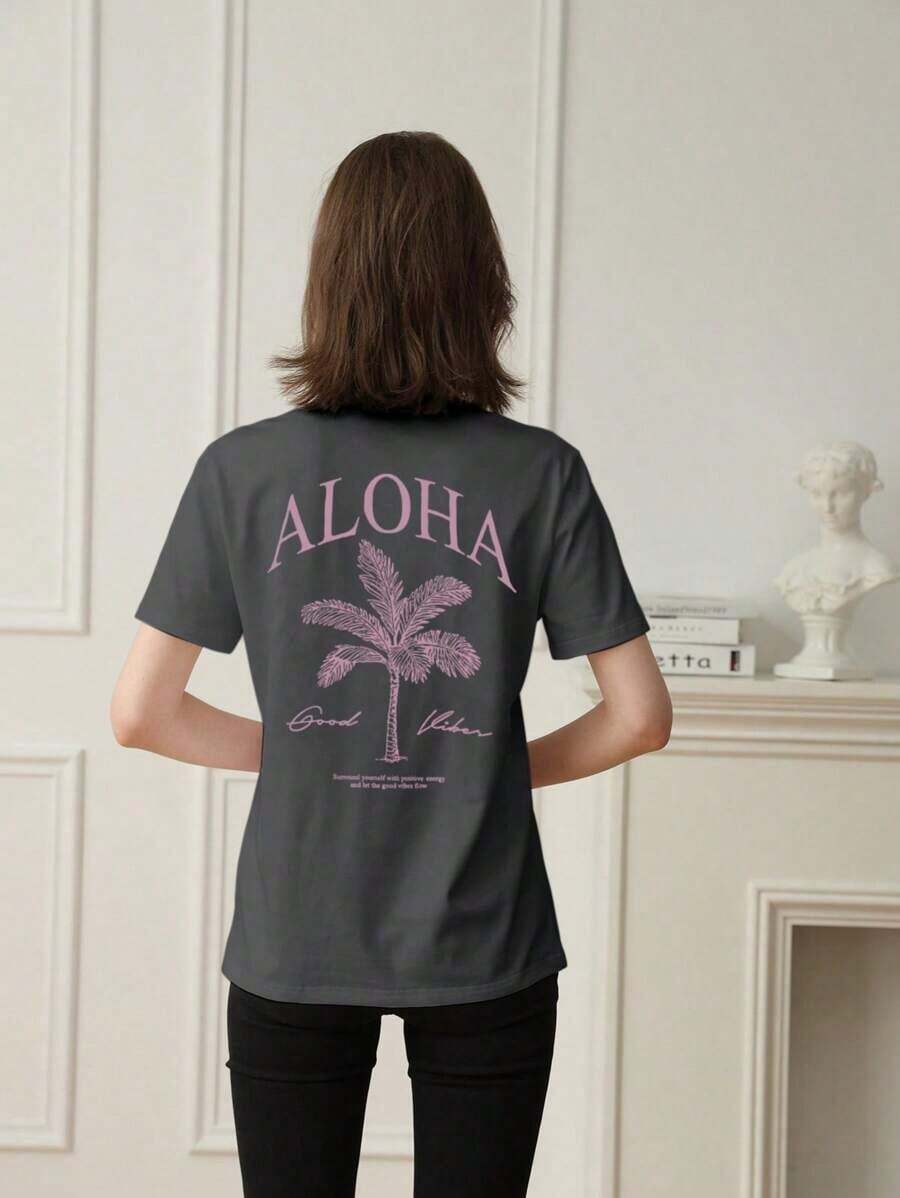 2026 Summer Shirts Women's New Palm Tree Slogan Print Casual Round Neck Short Sleeve T-Shirt, Fashionable Resort Style, Your Daily Essential Item. Gr - 深灰色 - 查看 1