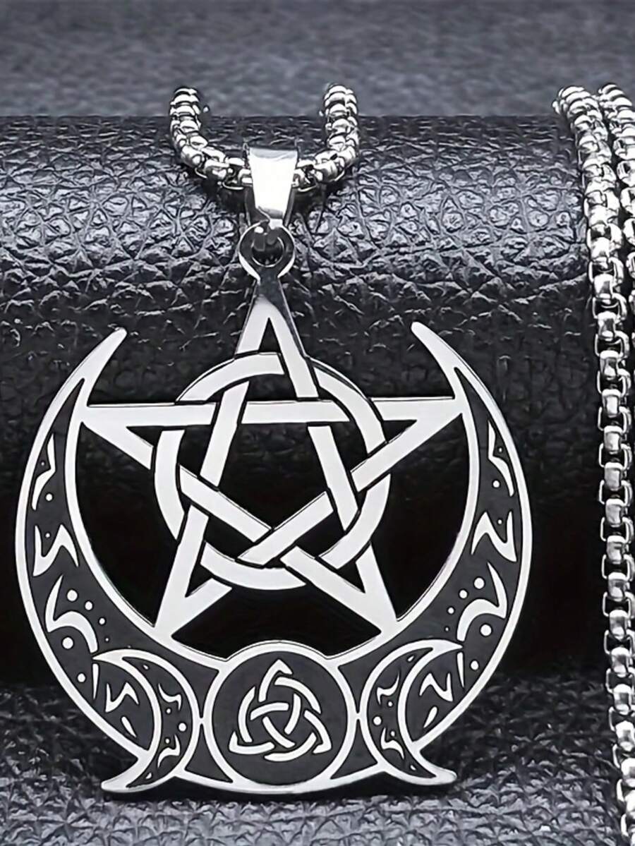 1件复古凯尔特结星月五芒星吊坠项链，高品质不锈钢北欧维京风格男女通用珠宝配饰 - 星星 - 查看 1