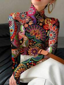 Plus Size Women's Floral Print Turtleneck Criss-Cross Neck Long Elegant T-Shirt - Multicolor - View 2