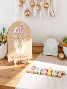 1 Set DIY Oster Fußabdruck Kunst Holz Meilenstein Karten, Oster Souvenirs - perfekt für Baby Partys, Dekorieren Ihrer Baby's erste Oster Party, Herstellen von Feiertags Foto Requisiten, Gestalten des Familien Feiertags Tisches oder als wertvolle Erinnerungsstücke ausstellen. - Verschiedenfarbig - Übersicht 4