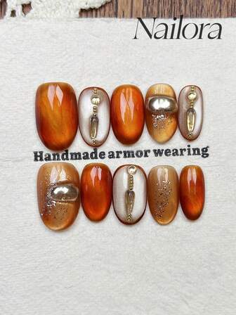 10pcs Handmade Nails Oval Nails Acrylic Press On Nails Short Nails, Gentle Orange Nails Gradient, Flashy Cat-Eye, Irregular Glitter Powder, Nail Gems Small Diamond Pearl Inlaid, Simple Elegant Luxury Autumn Nails, Fall Press On Nails, Versatile Nails DIY False Nail Art Party Daily & Dating Use Beach Tropical Getaway Suitable Reusable, For Women & Girls As Gift Nail Supplies