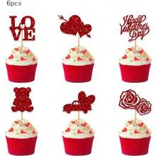 12个/24个/6个装红色心形纸杯蛋糕装饰插牌，适用于情人节、婚礼派对、DIY纸杯蛋糕和甜点烘焙装饰 - 彩色 - 查看 12