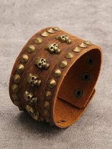 1pc Fashion Skull Rivet Unisex Wide Leather Bracelet, Punk Style Couple Bangle With Hidden Clasp, Suitable For Carnival Party, Music Festival Gift