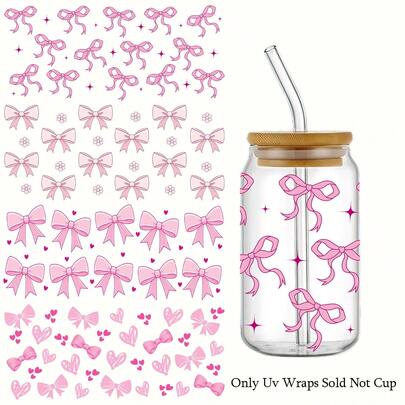 4pcs Bowknot Ribbon Bow Heart UV Dtf Cup Wraps Transfer Sticker For Cup Mug Watter Bottle Tumbler Laptop Furniture Phonecase High Quality & Scratch-Resistent UVDtf Cup Wraps Decal For Libbey Glass Cup DIY Craft Decorations Rub On Transfers